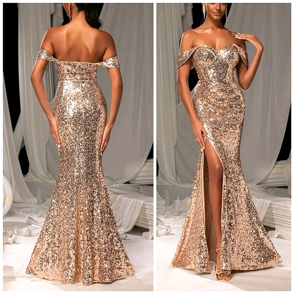 New Luxe Sequin Bustier Corset Off Shoulder Maxi Gown Dress Gold